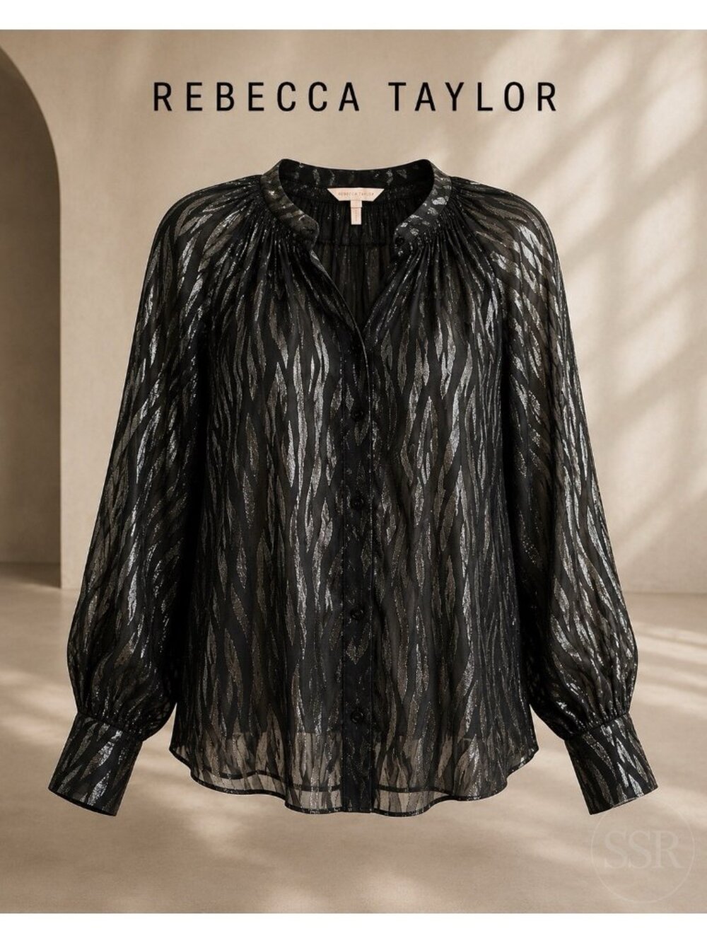 Rebecca Taylor Safari Silk Blend Blouse Size 12 Black Metallic Zebra Burnout She